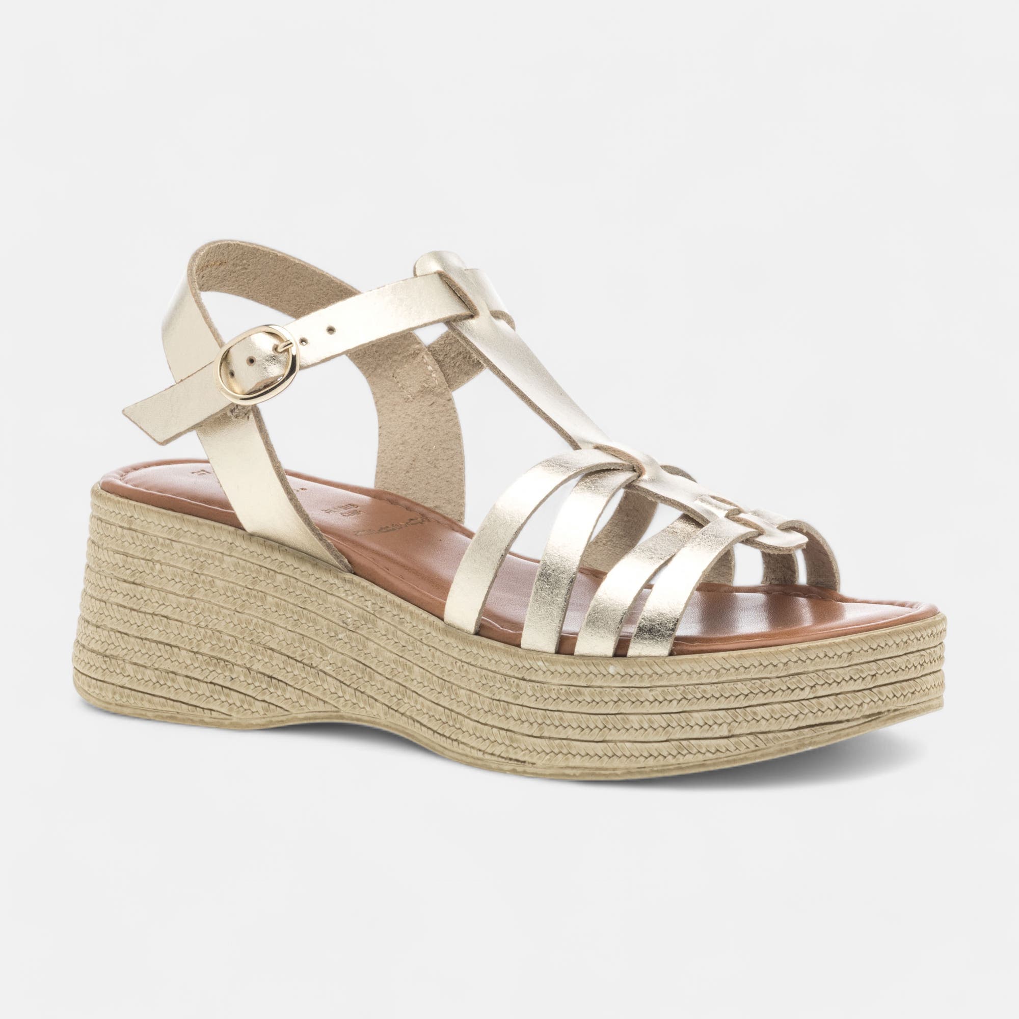 Nu-pieds à talon compensé Femme en cuir or