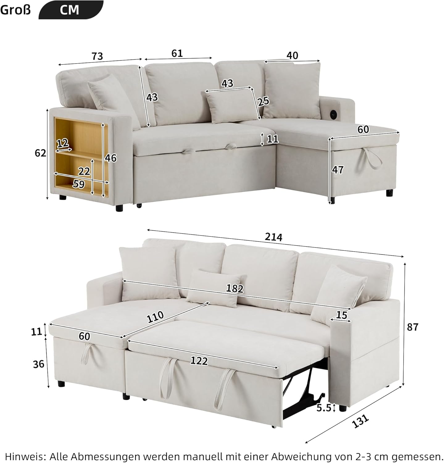 Ecksofa mit Schlaffunktion und USB, Schlafsofa mit Bettkasten und Stauraum, Schlafcouch Eckcouch mit Integriertem Regal und Seitentaschen, Couch L Form, Wohnzimmer Möbel, Beige, Samt