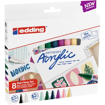 Edding Nordic - Pack de 8 marqueurs acryliques - noir, jaune pastel, rouge, vert mousse, blanc, mauve, menthe, bleu nuit