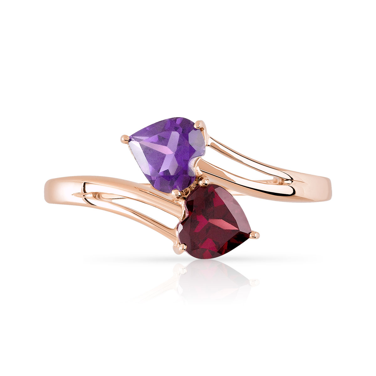 Bague or 375 rose grenat rhodolite et améthystes coeurs