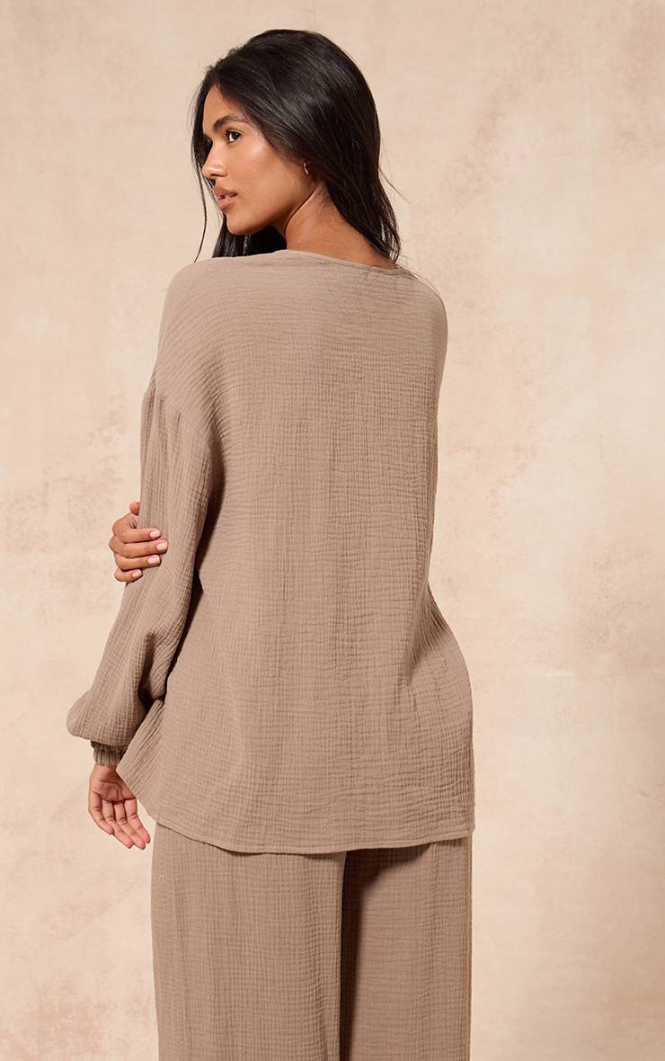 Gris Argile Ensemble Chemise En Gaze Texturée À Nouer Sur Le Devant