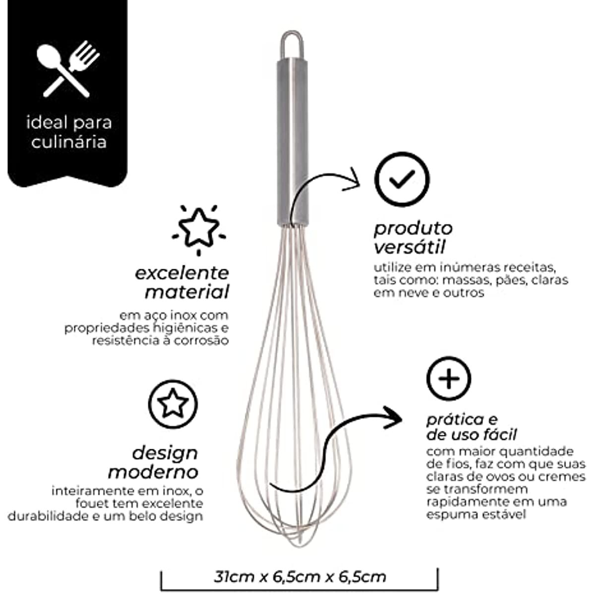 Mimo Style Batedor de Ovos e Massas Fouet, Inteiramente em A&ccedil;o Inoxid&aacute;vel, Excelente Durabilidade e Belo Design, &Uacute;til Para Diversas Receitas Como Massas de Bolo, Tortas, P&atilde;es, Cremes, Claras em Neve