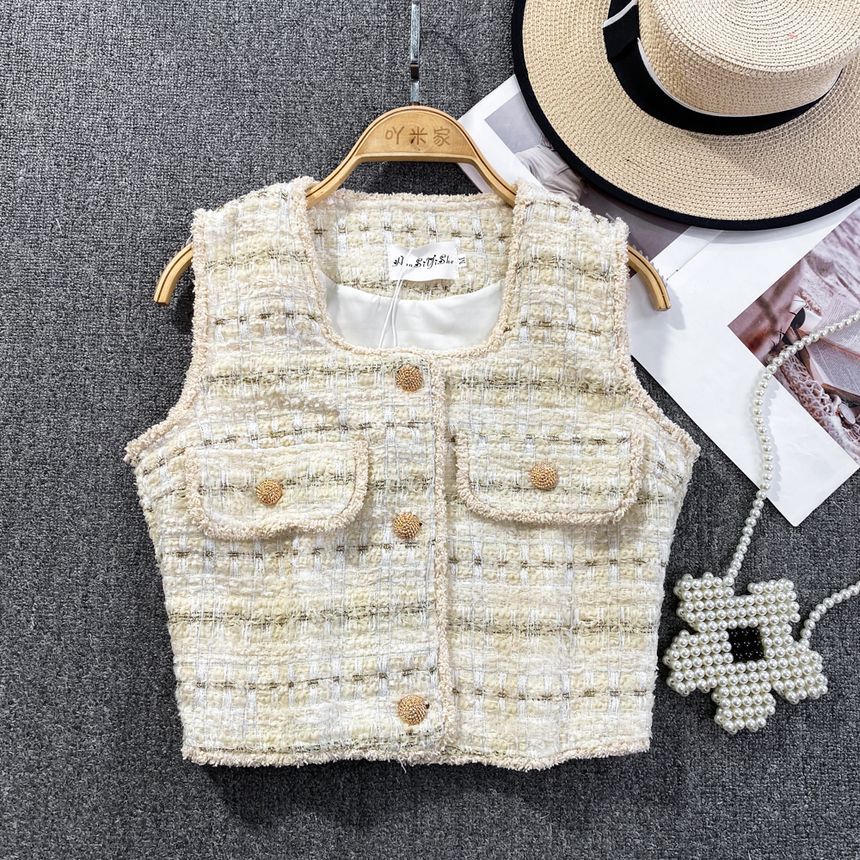 Yearnin - Tweed vest met vierkante hals en kwastjes