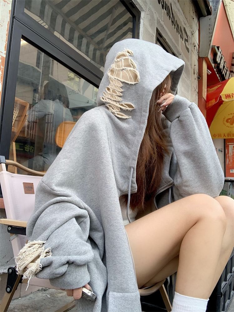 Trendycas - Effen distressed hoodie met rits / mini-kokerrok met trekkoord in de taille