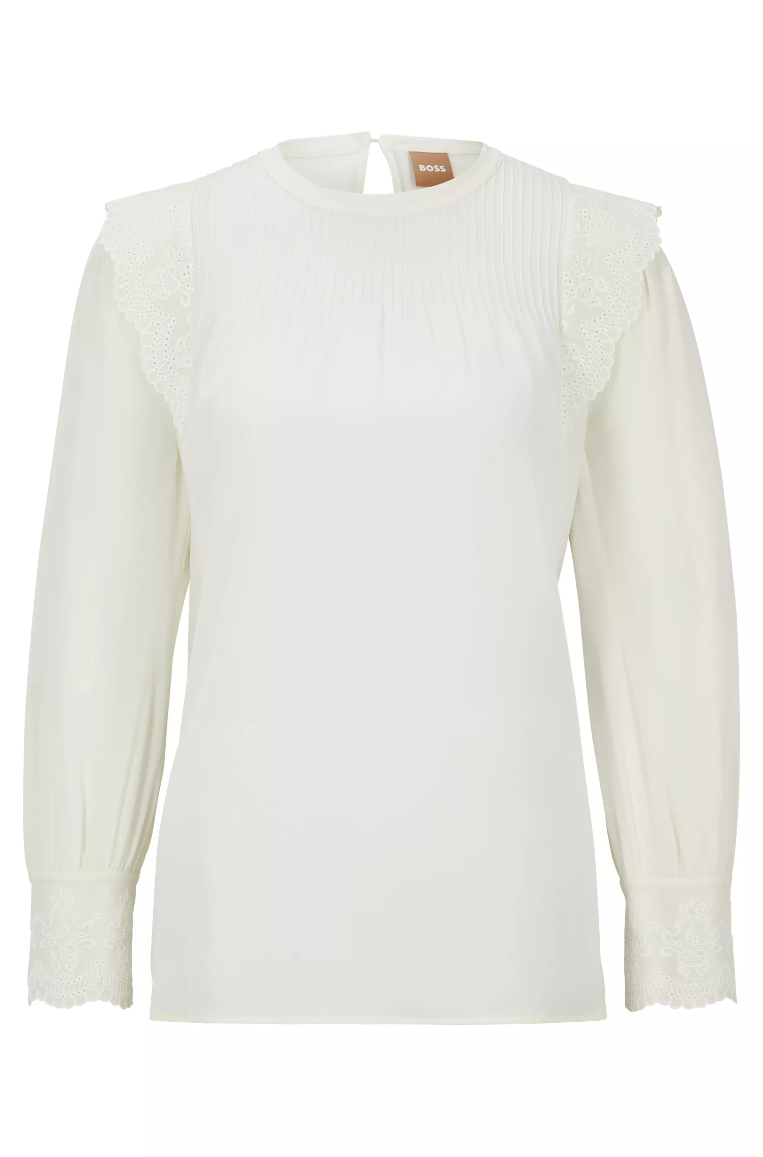 Blusa BOSS preta, corte slim, modelagem relaxada, em seda lavada.