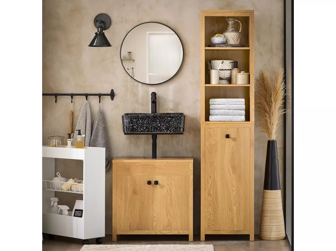 SoBuy Meuble Colonne de Salle de Bain, Armoire Haute, Placard de Rangement, Étagère de Rangement avec 1 Panier à Linge et 3 Étagères pour Salle de Bain, 40x35x173cm, Couleur Naturel Foncé, BZR95-SN