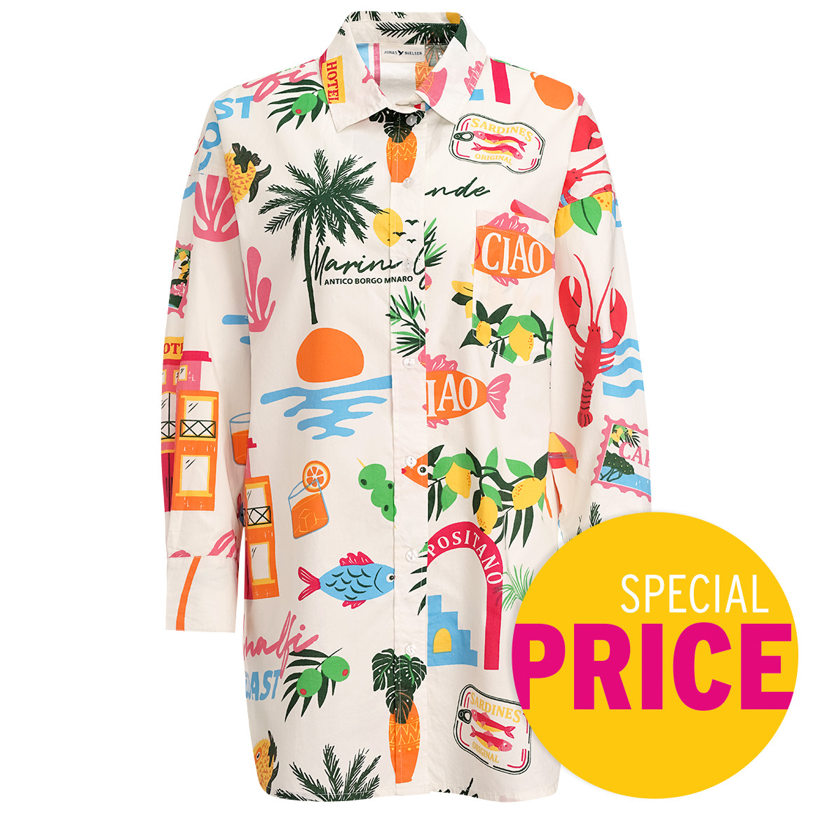 Jonas Nielsen Damen Bluse mit Urlaubs-Motiven weiss / bunt