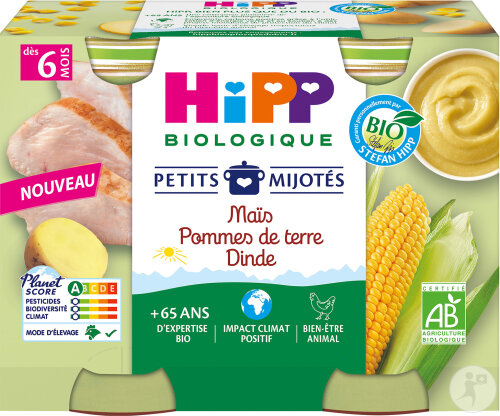 HiPP Biologique Petits Mijotés Maïs Pommes De Terre Dinde Dès 6 Mois Pots 2x190g