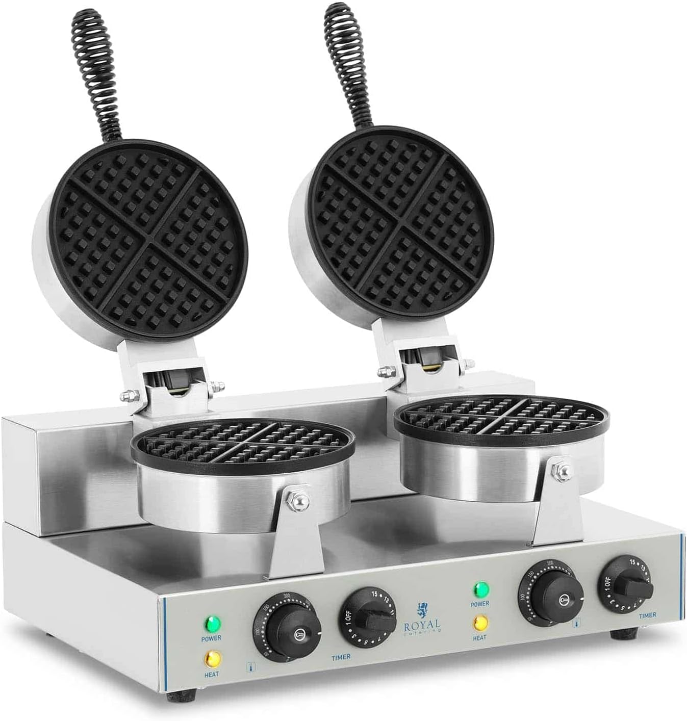 Royal Catering RCWM-2600-R Waffeleisen Waffelgerät Waffelautomat Waffle Maker Belgische Waffel Doppelt Rund (2 x 1.300 Watt, Timer 15 min, Teflon & Aluminium, Edelstahl), Silber