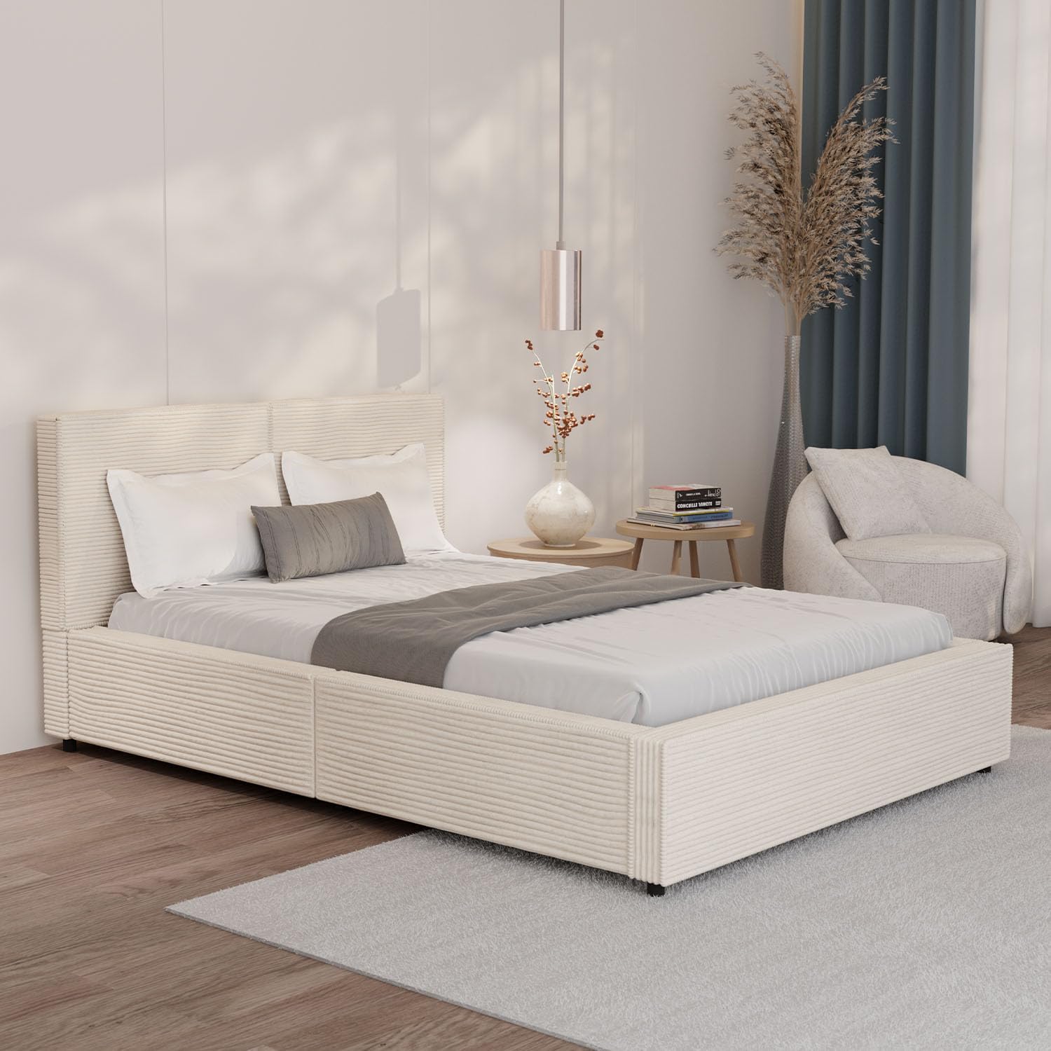 Juskys Polsterbett Salerno 140 x 200 cm – Cord Beige, modernes Bett mit Kopf- & Fußteil, stabilem Holz- & Metallrahmen, Lattenrost, 500 kg Tragkraft