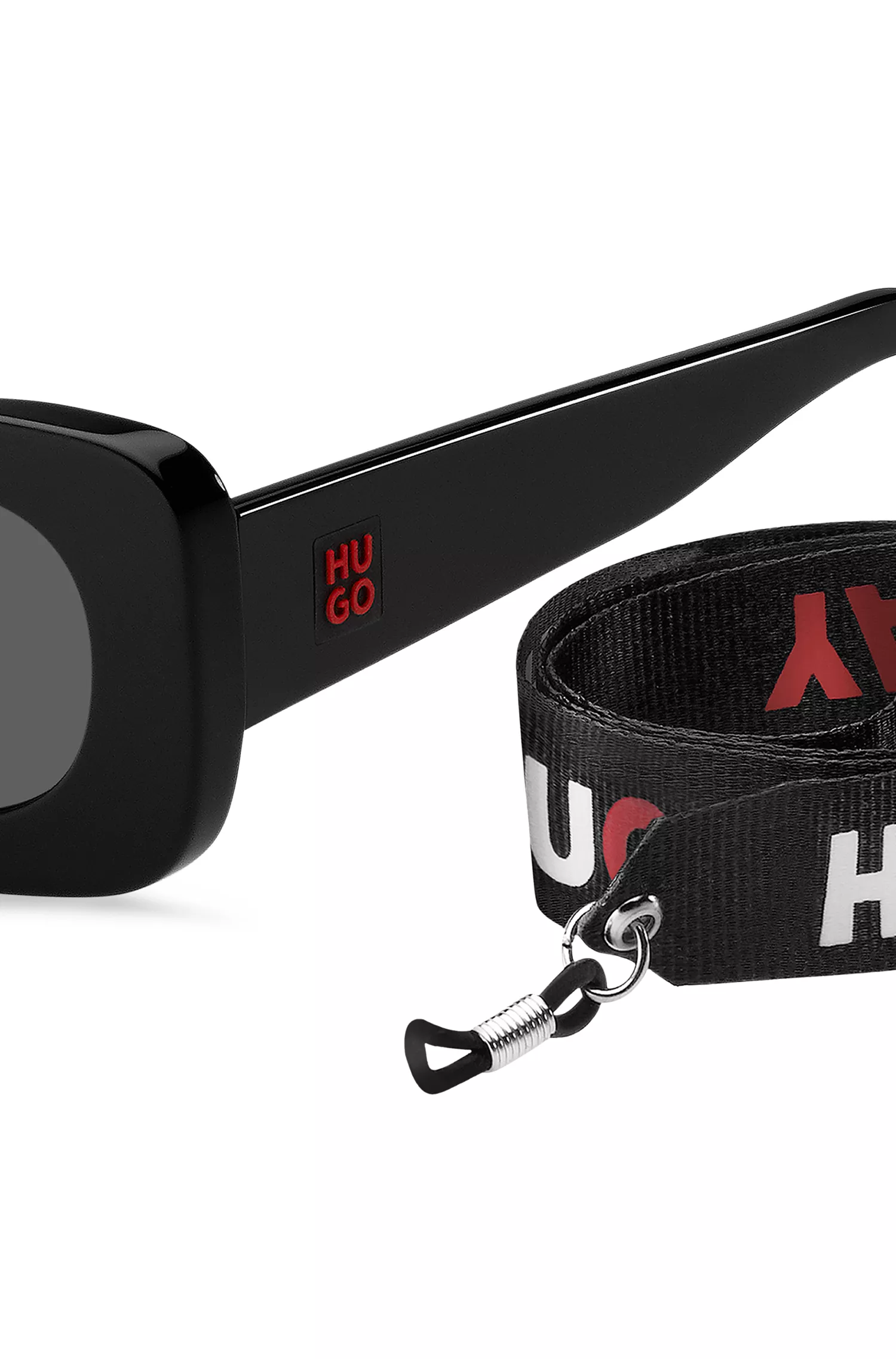Óculos de sol HUGO em acetato vermelho e preto com alça removível com slogan.