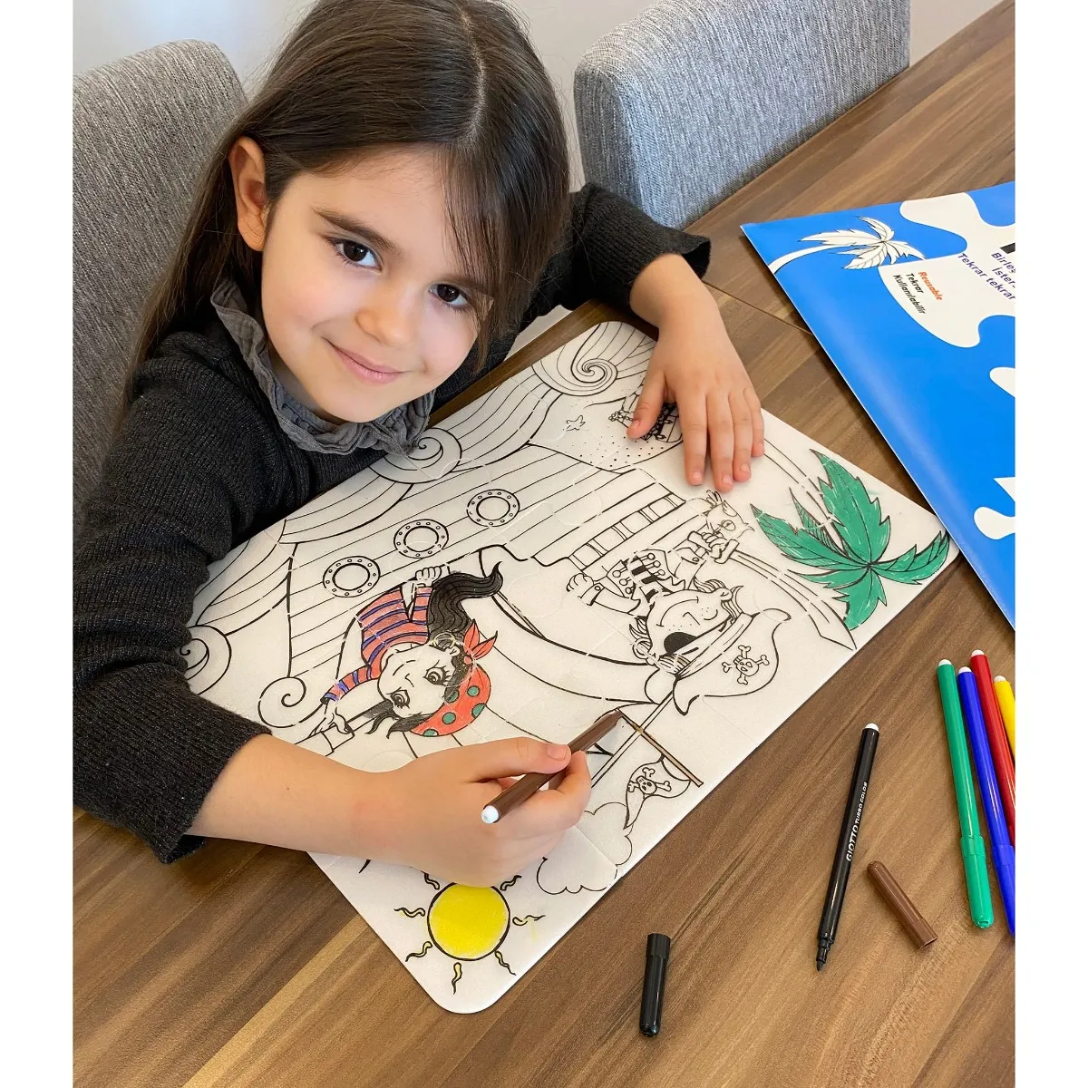 Funny Mat Casse-tête à Colorier et Crayons Lavables - Dinosaures
