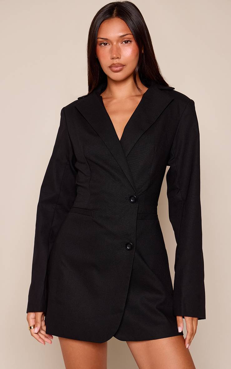 Noir Robe Blazer Ajustée Tissée À Manches Longues