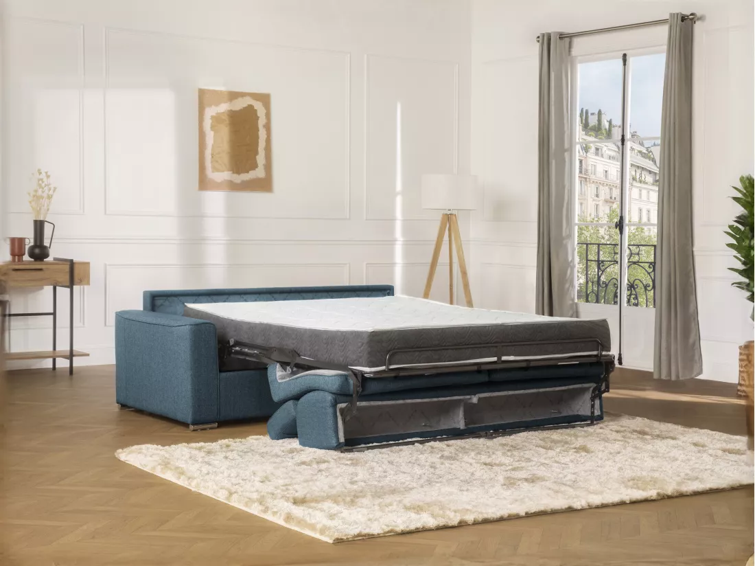 Canapé 3 places convertible express en tissu bleu - couchage lattes larges 140 cm - Matelas 18 cm avec mémoire de forme VIZIR