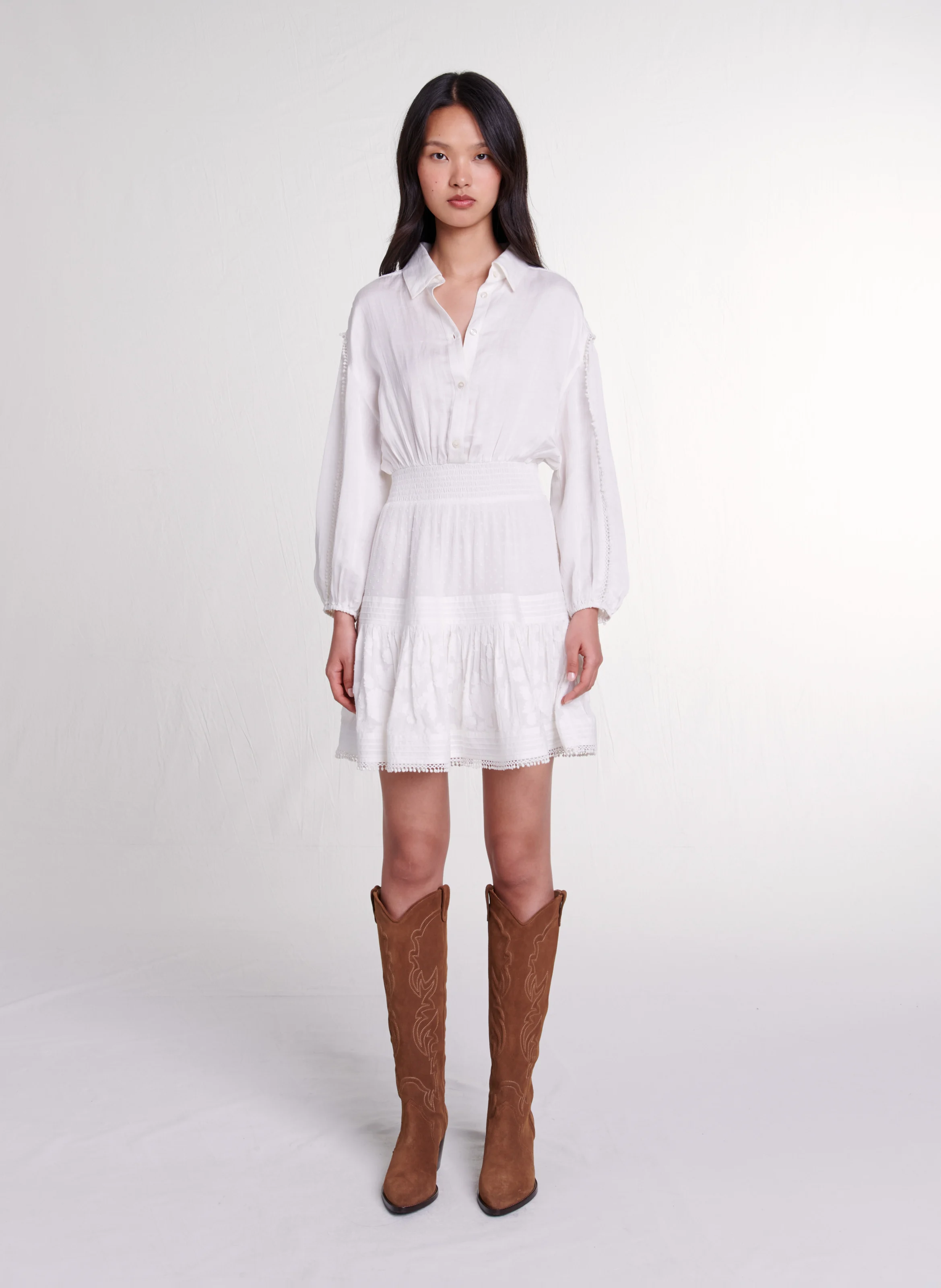 Robe chemise courte en patchwork | Blanc
