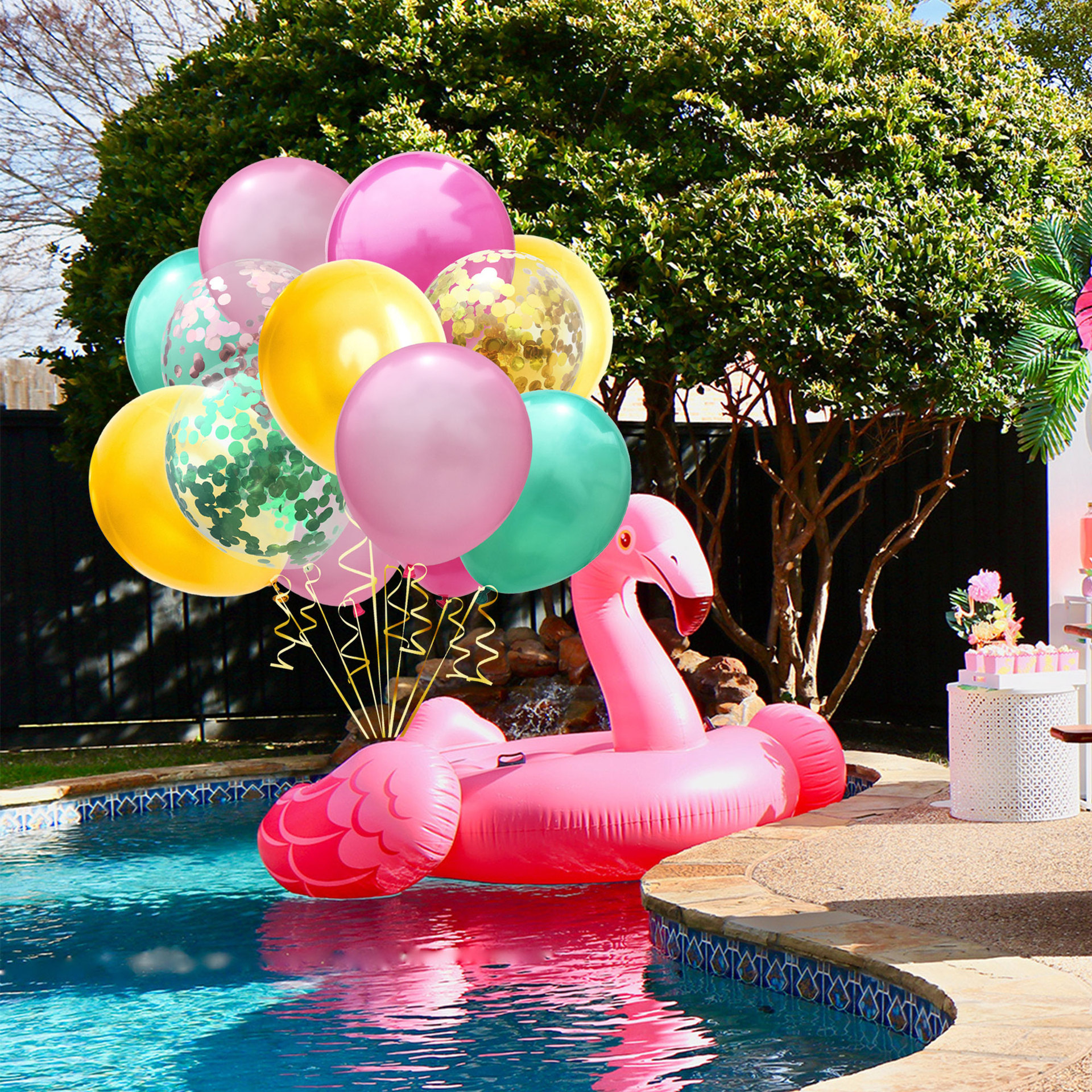 (14er Set) Party Deko Ballons Latex Luftballons mit Konfetti - Grün / Gold / Pink