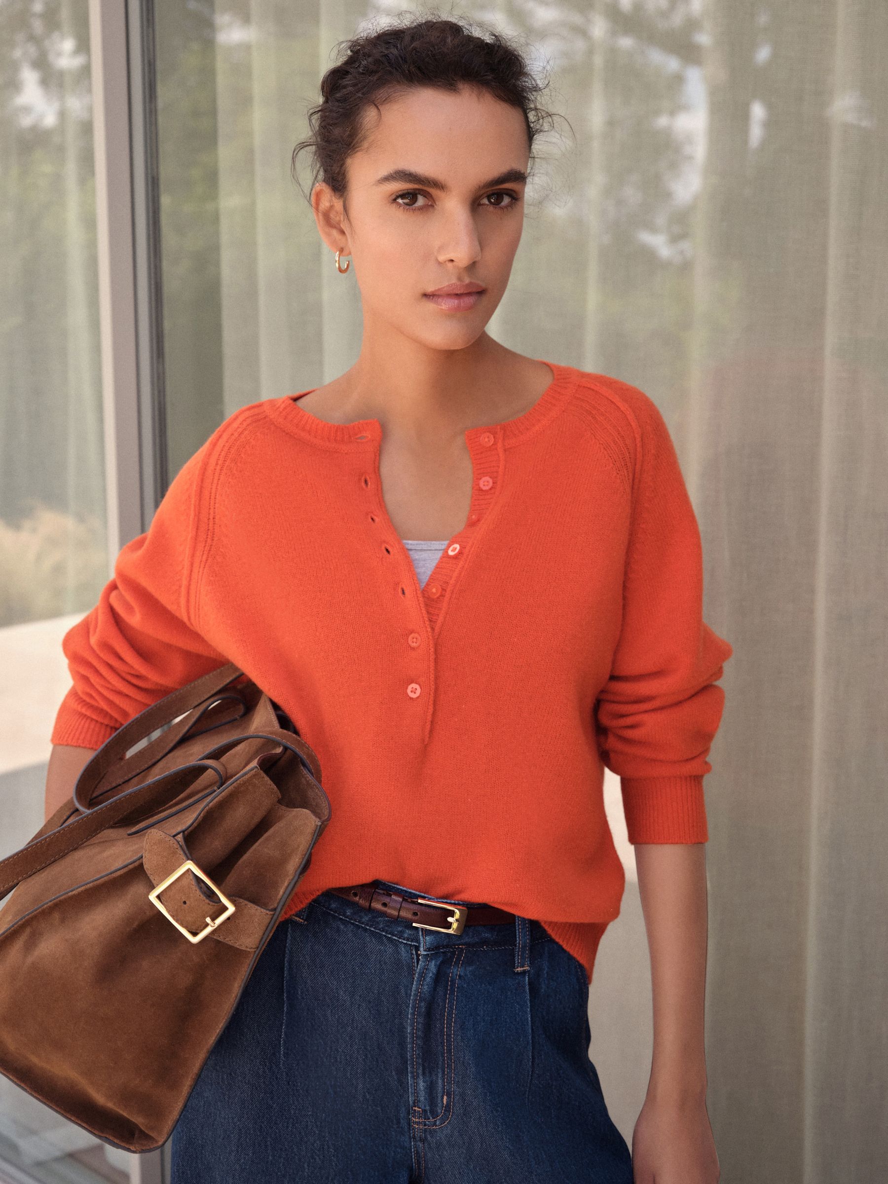 Oranje - 100% Lamswol N.Premium Henley Trui met Ronde Hals