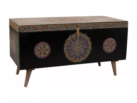 Coffre en bois peint artisanal noir 89x40x48h
