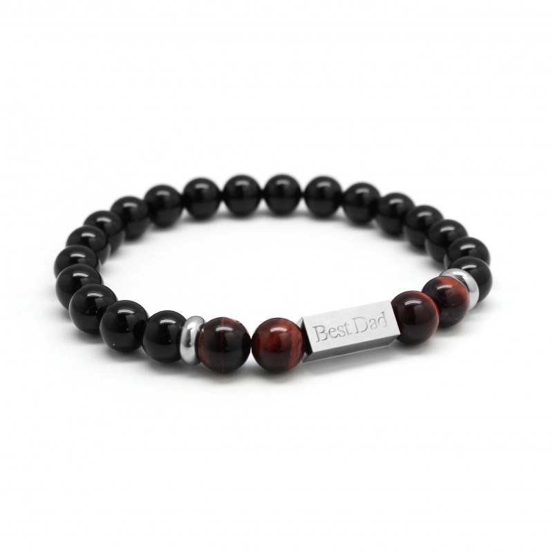 Bracelet perles agates noires et oeil de taureau homme - gravure BEST DAD