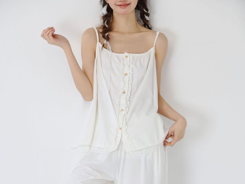 College Affair - Elastische taille, effen oogjes, kanten rand, geplooide cropped broek met wijde pijpen