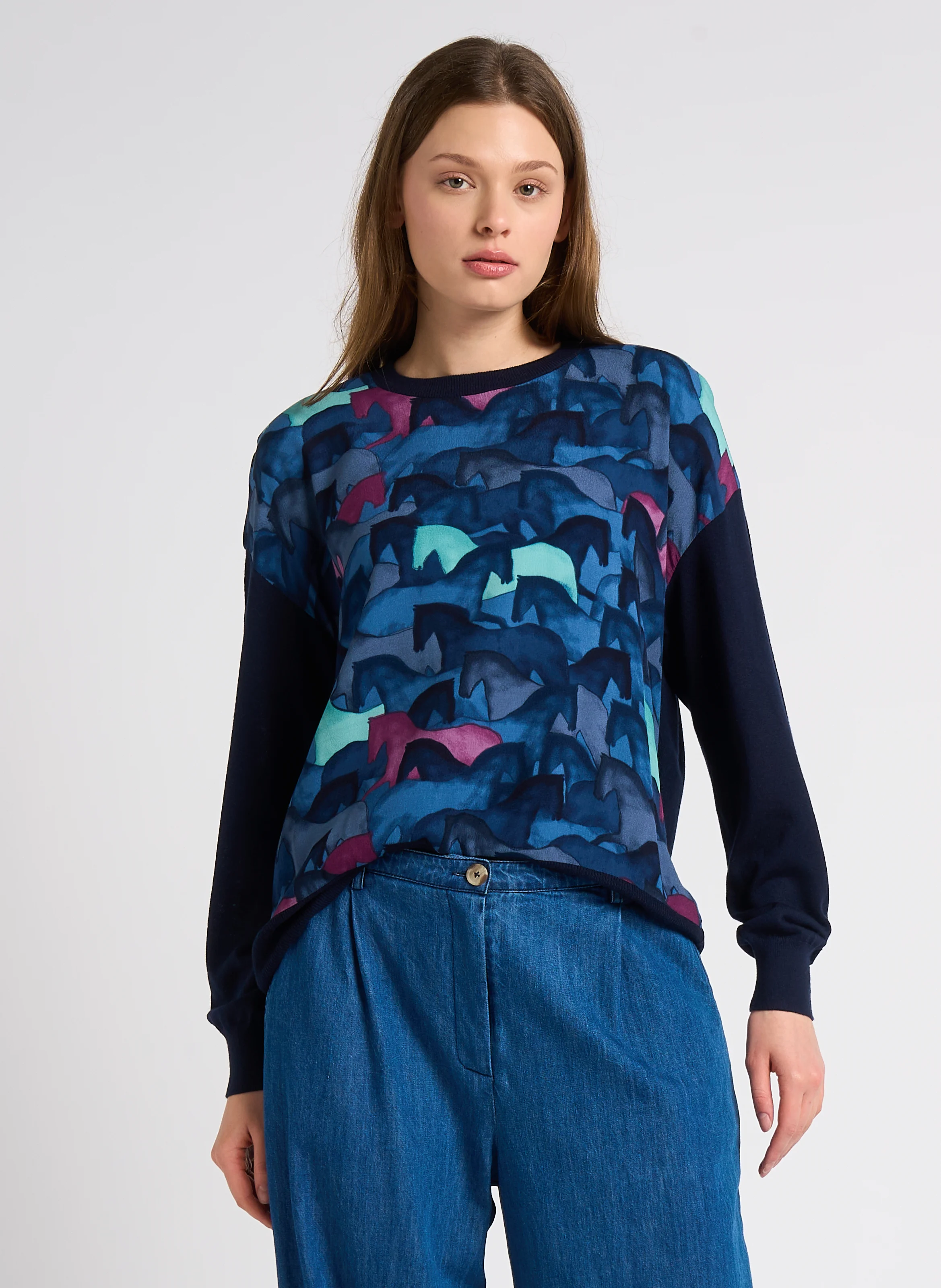 Pull col rond imprimé bi matière| Bleu