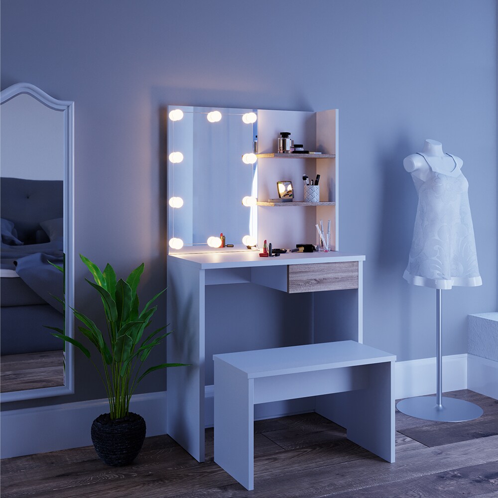 VICCO LED Schminktisch DEKOS Frisiertisch Kommode Kosmetiktisch Weiß Eiche Bank