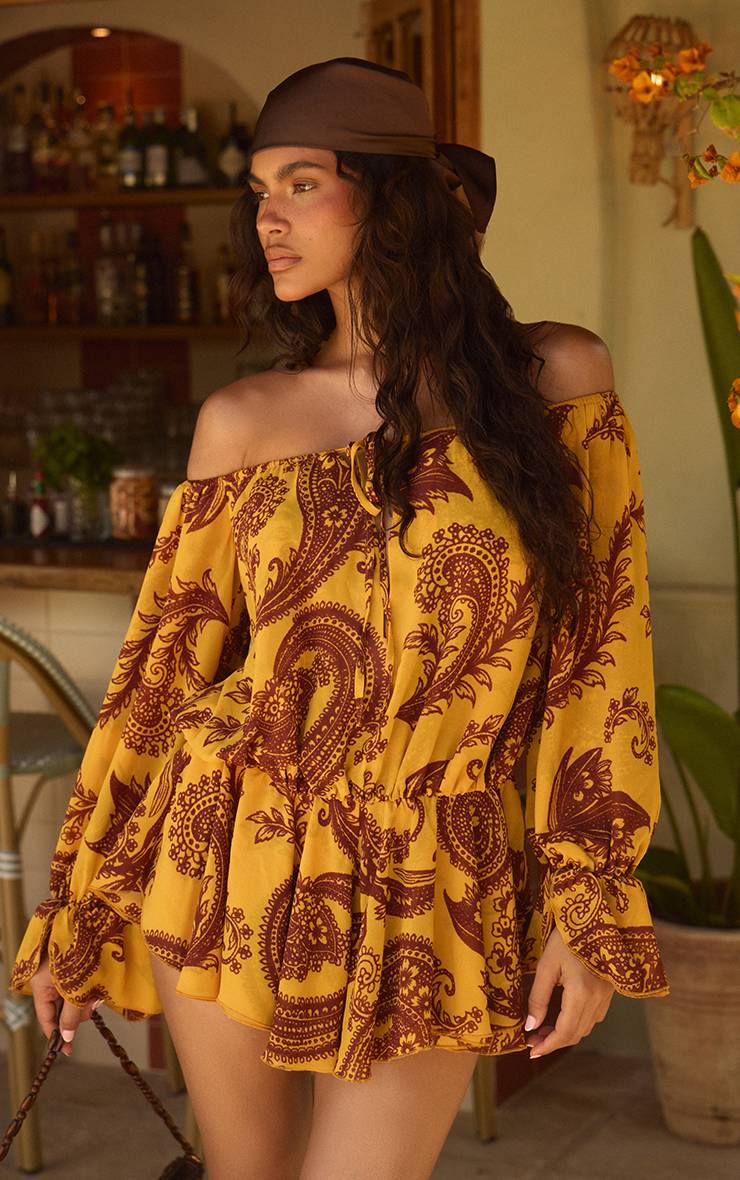 Jaune Combi-short Bardot En Mousseline Imprimé Cachemire