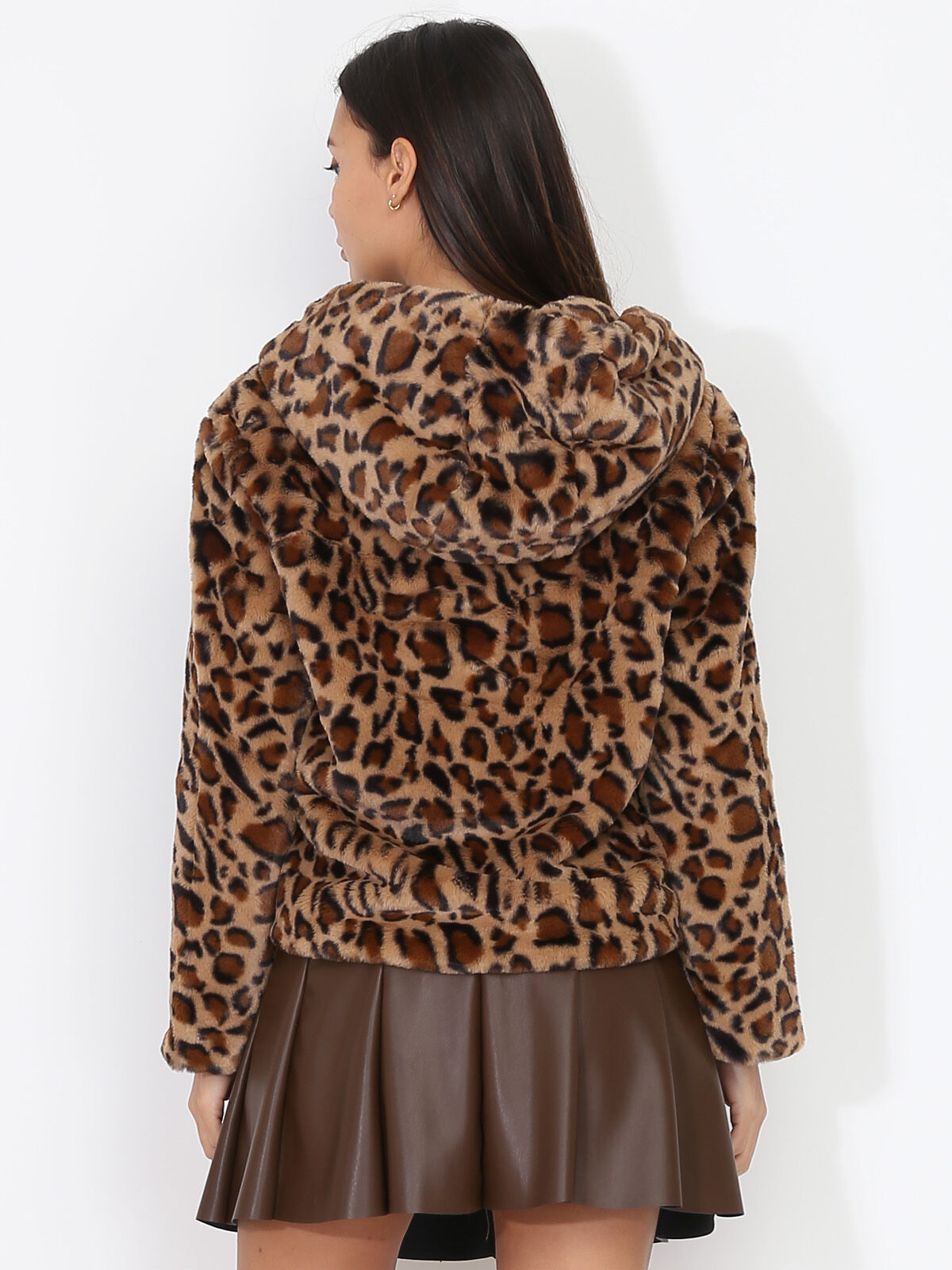 Manteau court en fausse fourrure- Marron