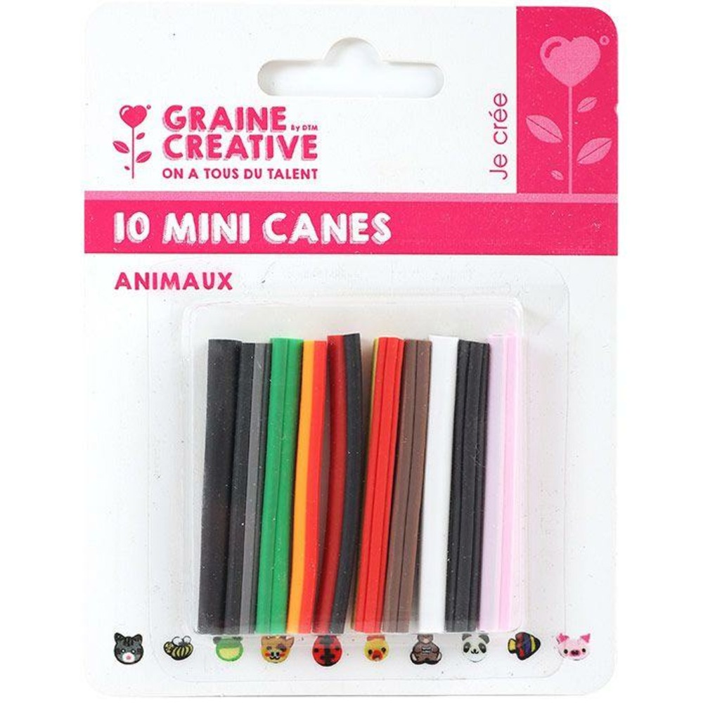 10 mini canes pâte polymère à trancher 5 x 0,5 cm - animaux