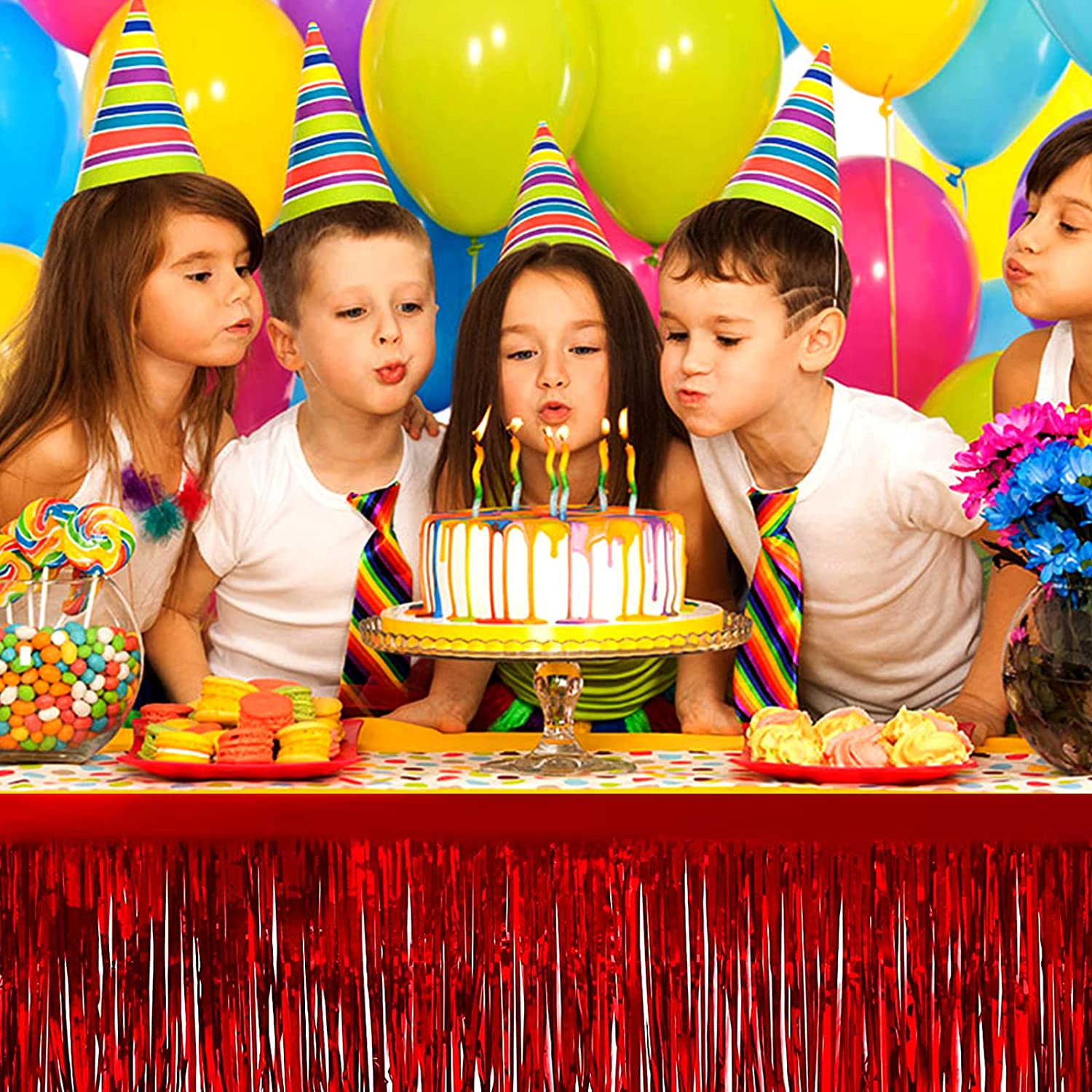 (275x75cm) Party Tisch Deko Metallic Lametta Vorhang Glänzender Fransen Vorhang für Apéro / Esstisch - Rot