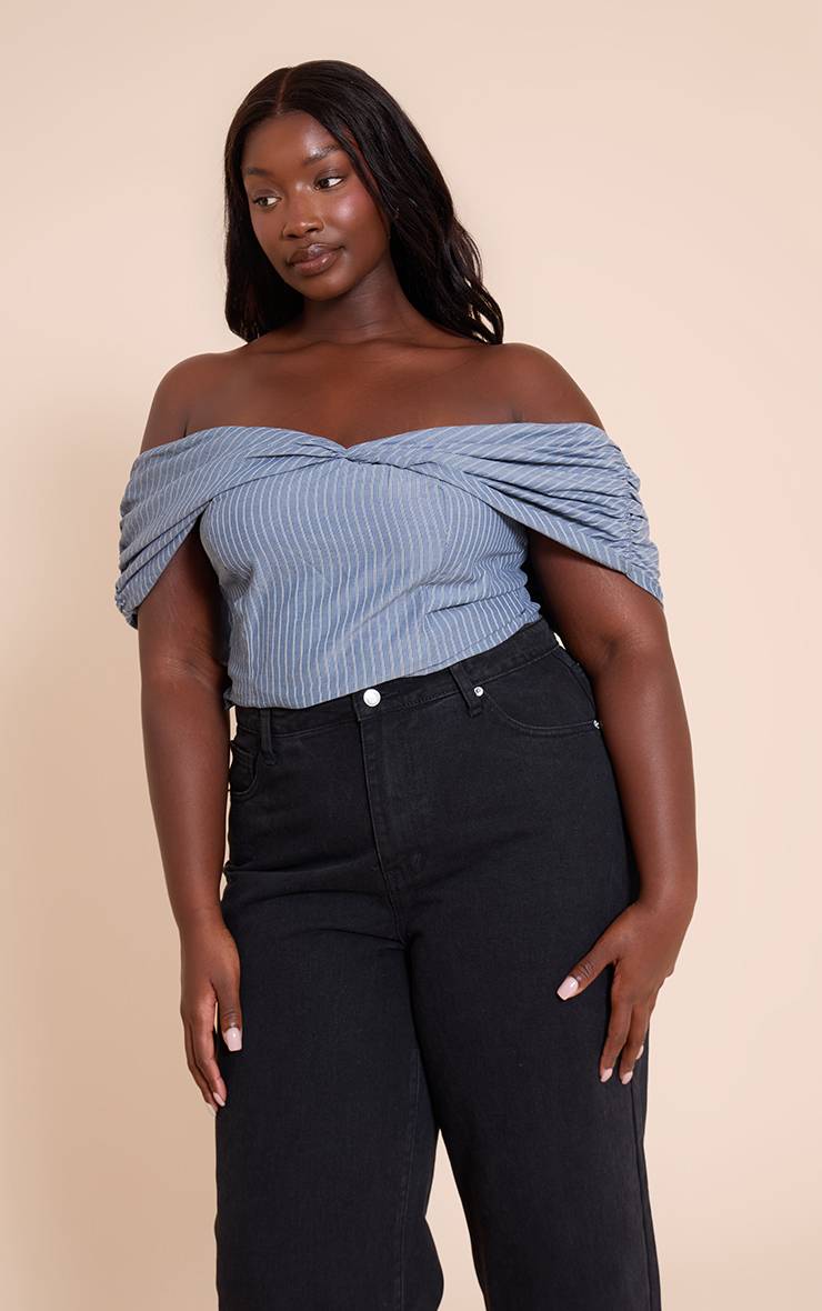 Gris Haut Bardot Grande Taille En Coton Rayé Avec Détail Torsadé