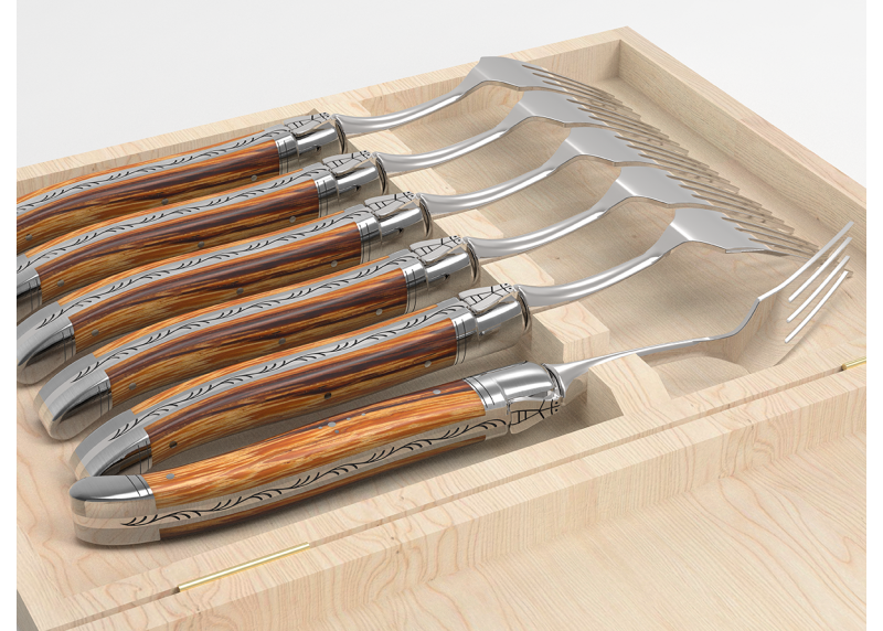 Service de 6 fourchettes Laguiole avec un manche en bois de serpent et mitres en acier inoxydable