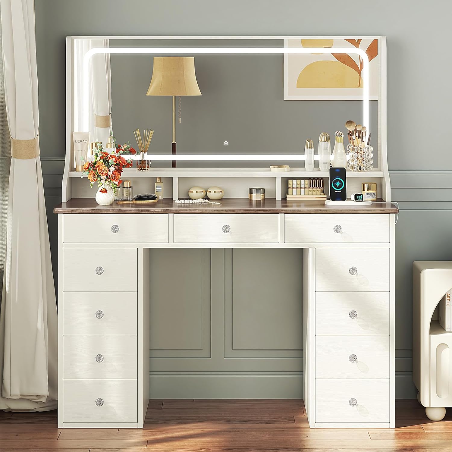 Dripex Schminktisch mit Beleuchtung, Vanity Desk mit 11 Schubladen,110cm LED-Spiegel und Steckdose, Verstellbare Helligkeit, Moderner Schminktisch für Schlafzimmer und Ankleidezimmer, Vintage Braun