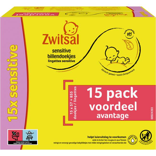 ZwitsalSensitive Billendoekjes Voordeelverpakking 15 x 57 Billendoekjes
