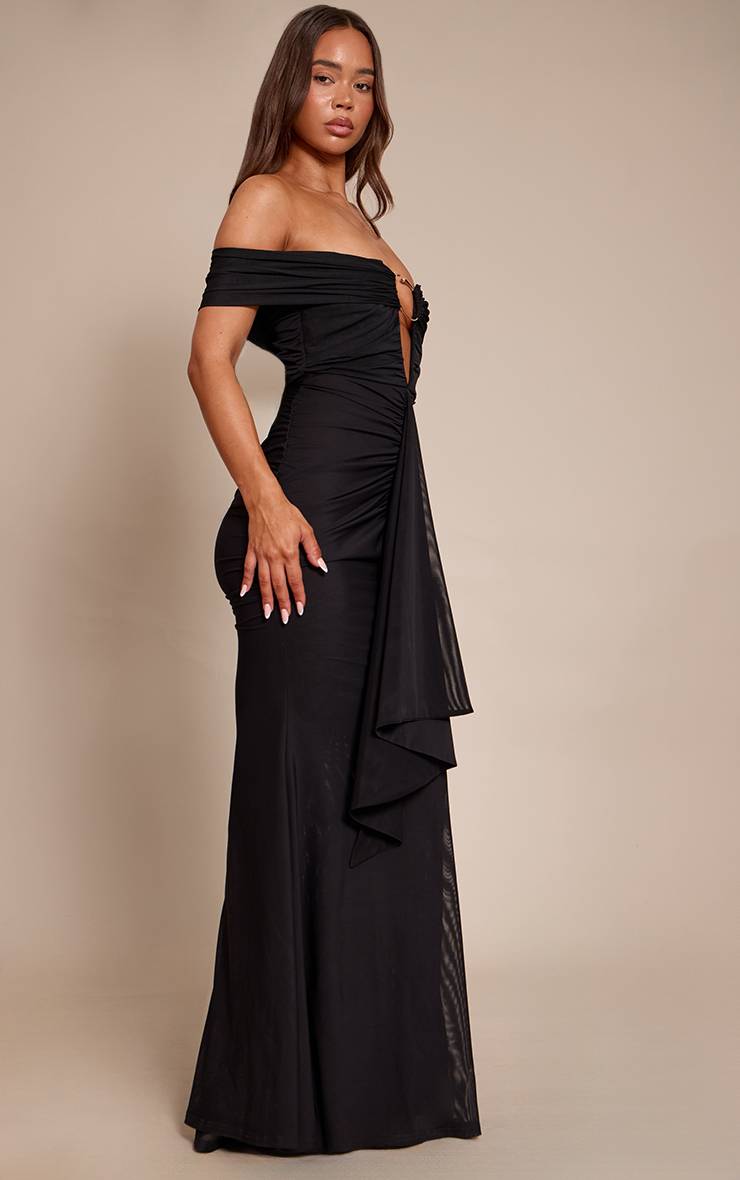 Noir Robe Longue Sirène Plt Label Avec Détails En Mesh Et Bordure