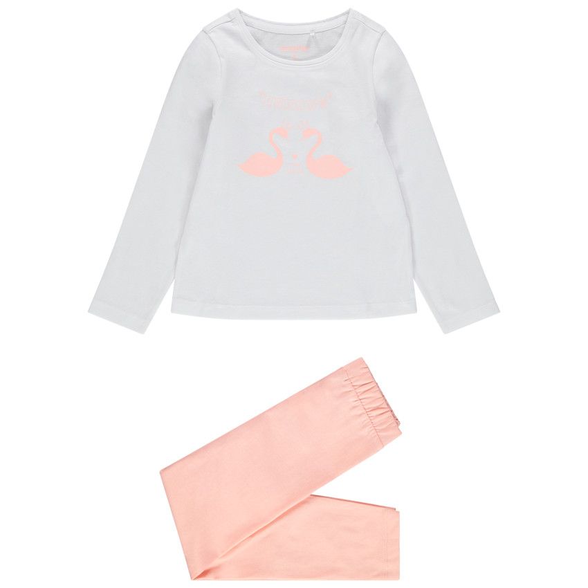 Pyjama en coton bicolore print flamants roses - Blanc