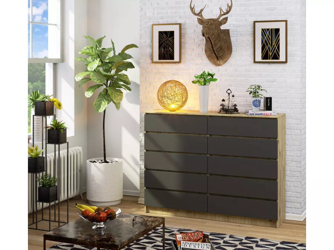 Grande Commode pour le salon AKORD K160 Chêne Artisan 160 cm 10 tiroirs façade Gris Graphite 160x40x121 cm