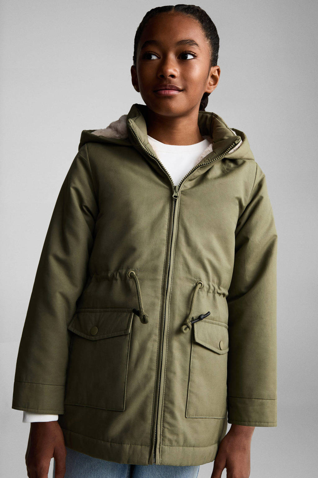 Mango Kids gewatteerde winterjas kakigroen
