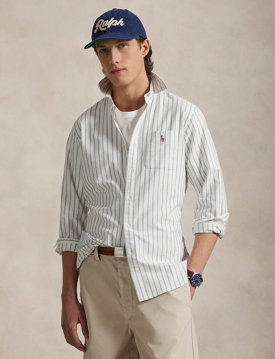 POLO RALPH LAUREN<br>Camisa reta listrada, Oxford, logotipo bordado
