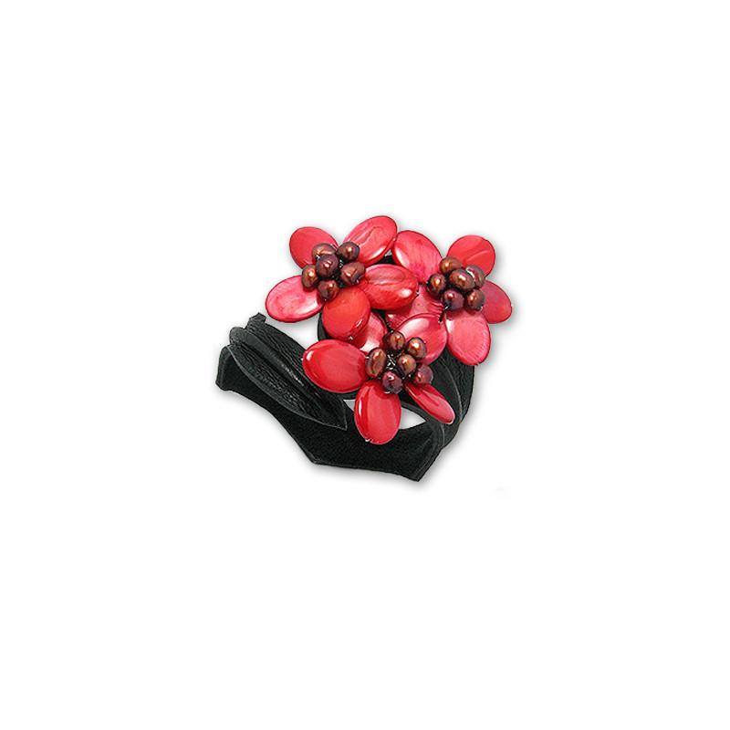 Bracelet 3 Fleurs en Nacre et Perles Rouges et Cuir Noir