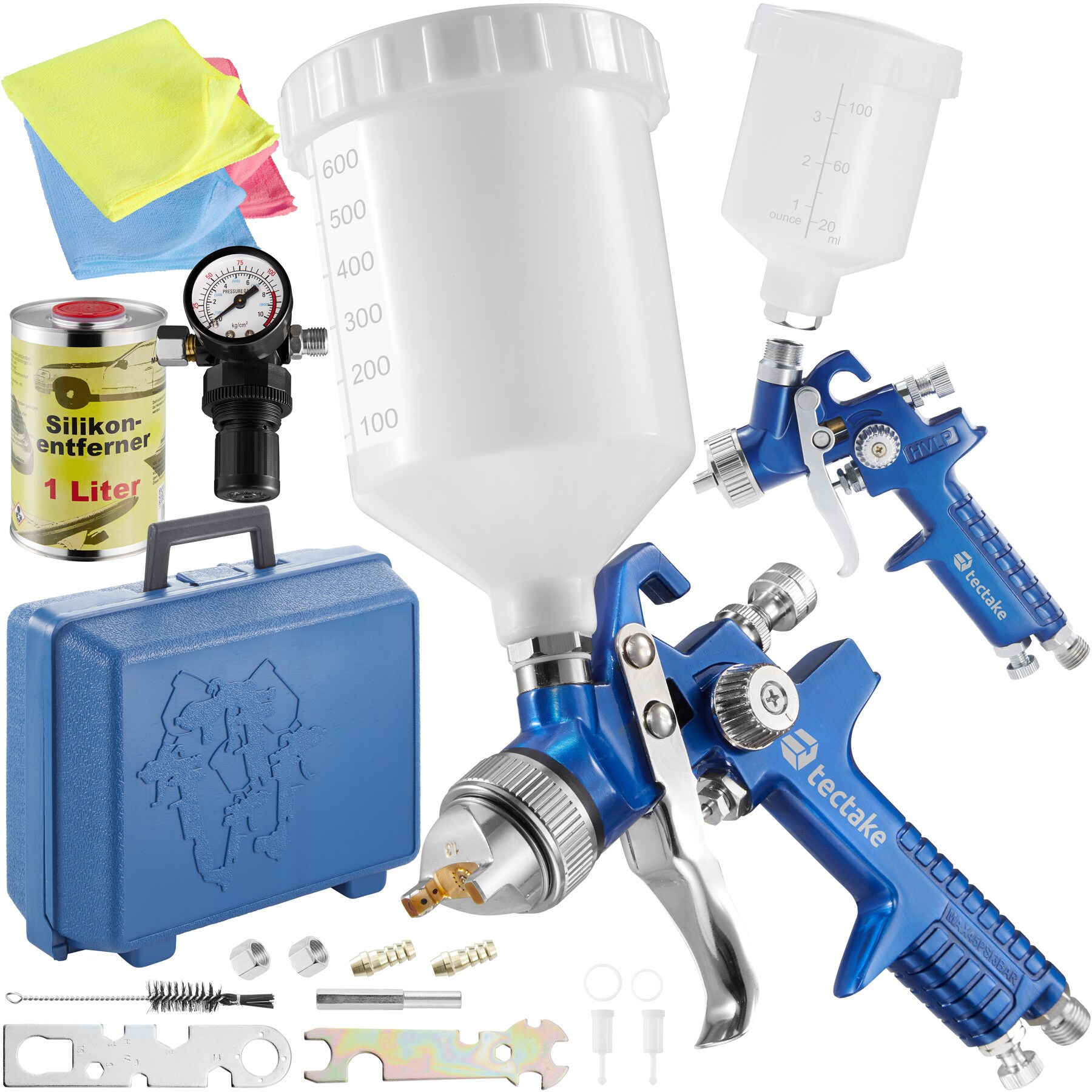 tectake® HVLP-Lackierpistolen-Set, 1,0 / 1,7 mm-Düse, korrosionsbeständig, inklusive Silikonentferner, Mikrofasertücher und Kunststoffkoffer
