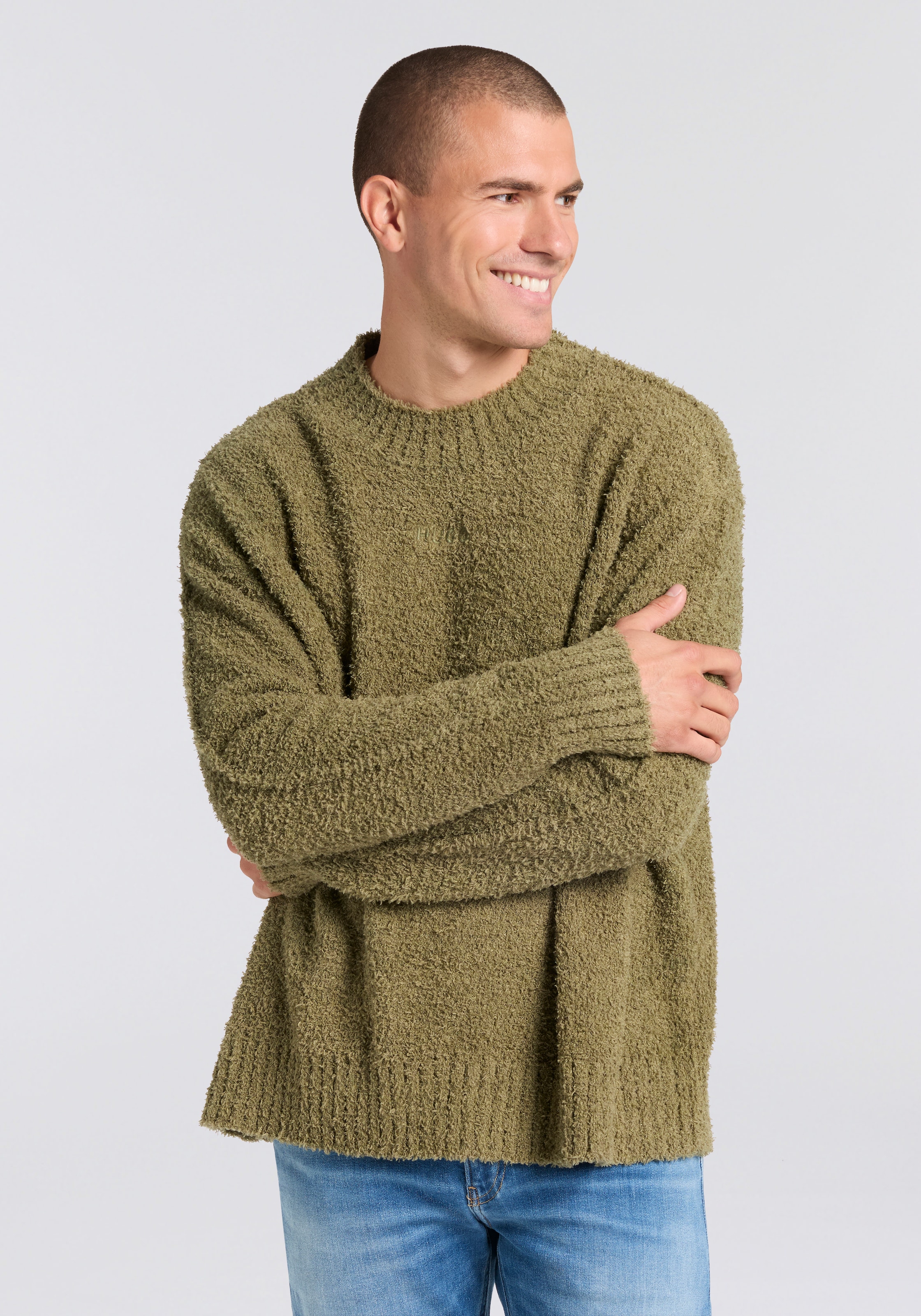 HUGO Blue Strickpullover »Sanou«, Rundhalsausschnitt, relaxed fit, Bouclé-Strick
