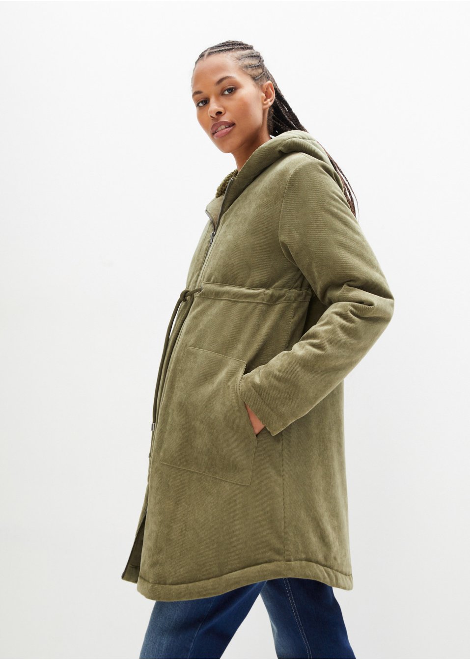 Parka de grossesse/portage en velours côtelé avec chauffe-mains
