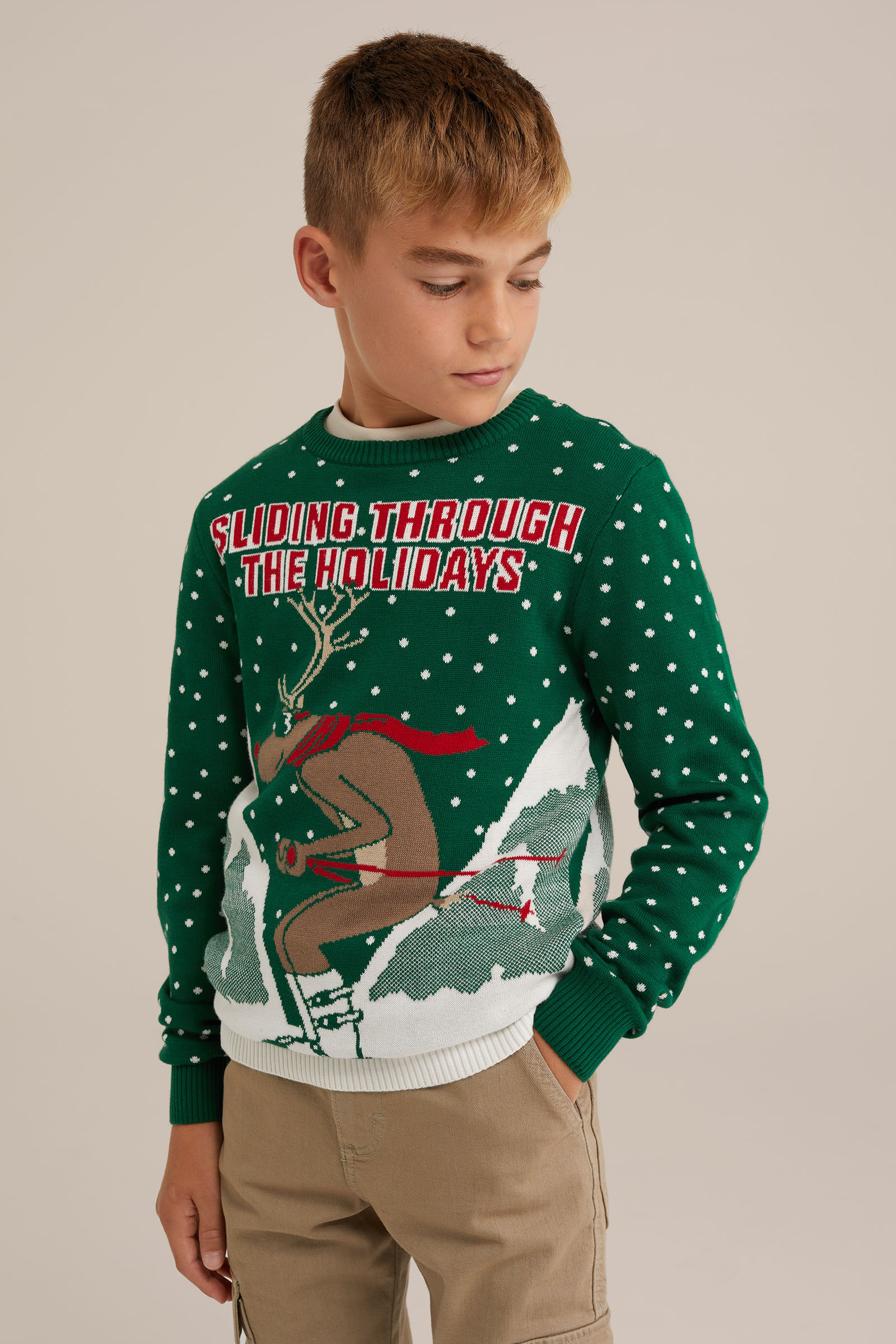 Jongens gebreide trui met dessin WE Fashion Donkergroen