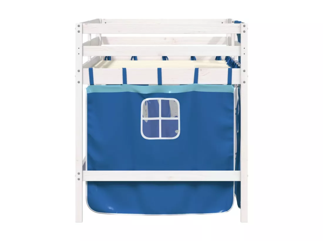 Lit mezzanine enfants et rideaux bleu 80x200cm bois pin massif