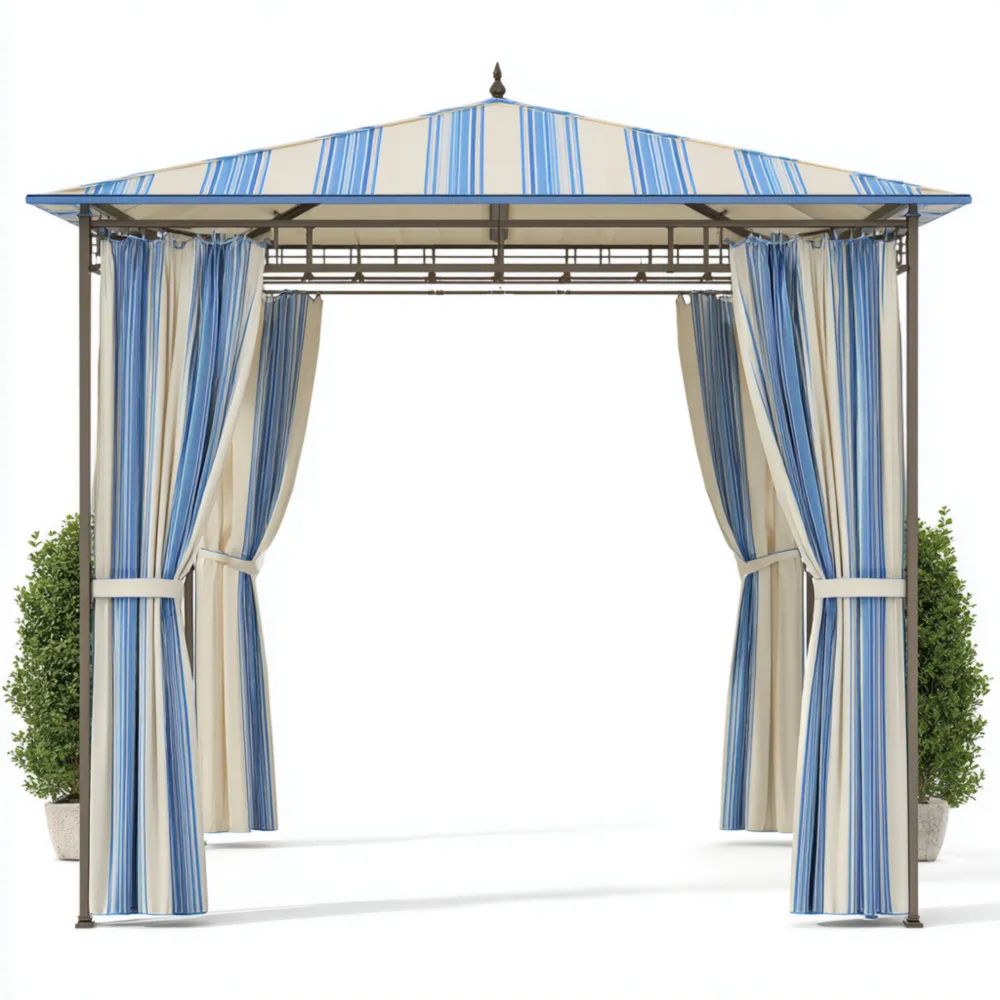Pergola mit Vorhängen Metall 300x300x260 cm - Blau/Beige - Klassisches