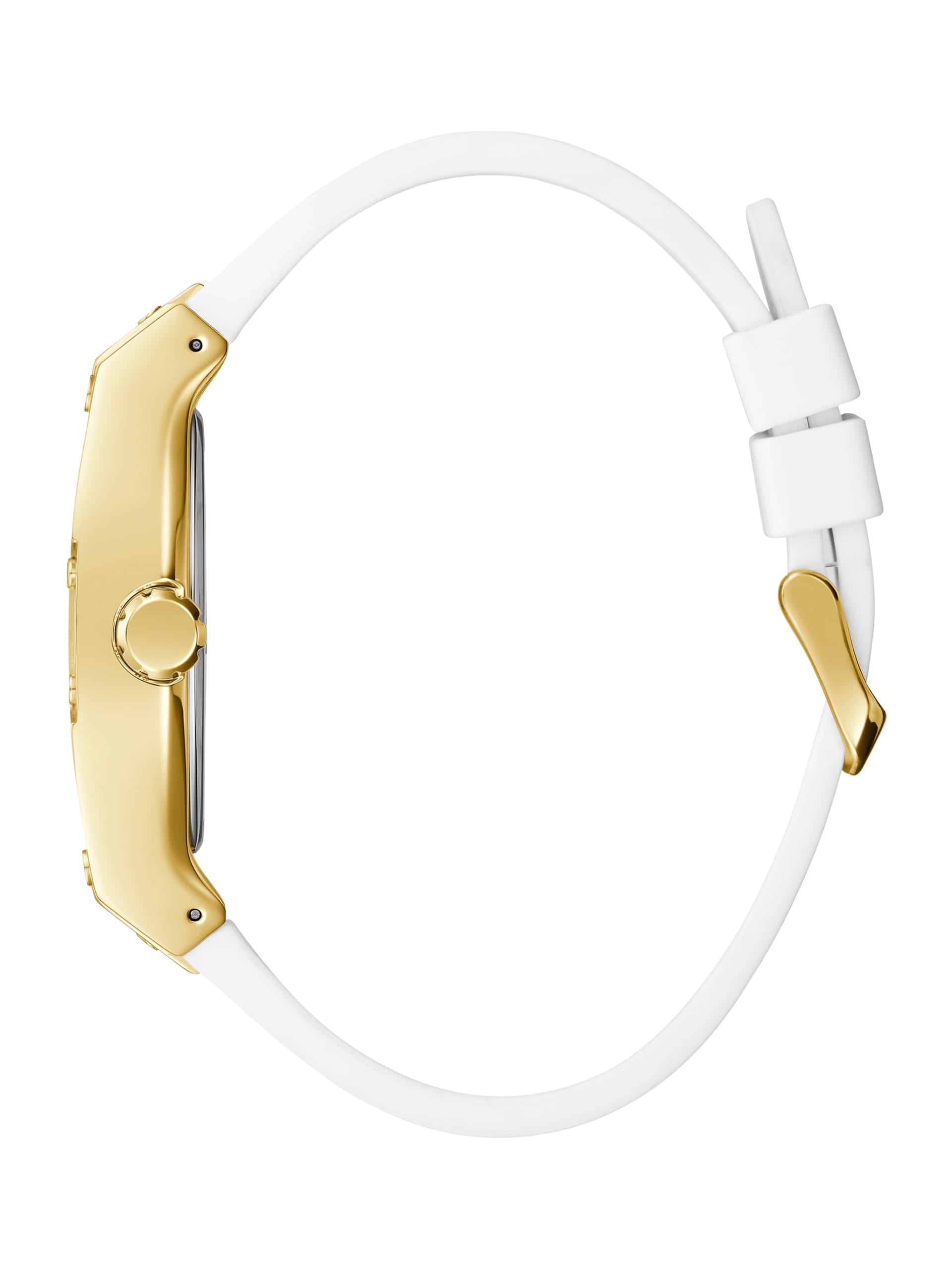 Relógio multifuncional retangular dourado e branco