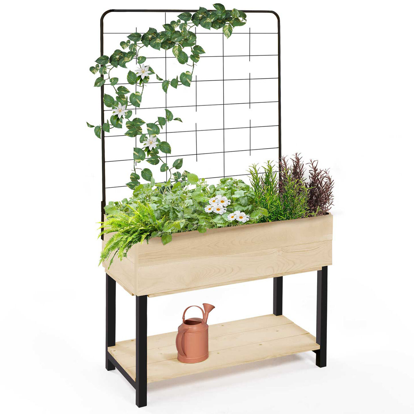 Pratik Garden Jardinière sur pied avec treillis noir/beige - 80x60x140 cm