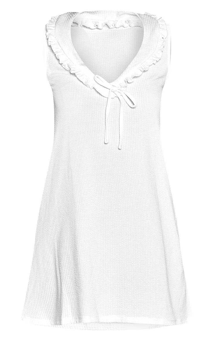 Blanc Robe Courte Droite Texturée Avec Nœud Et Volant