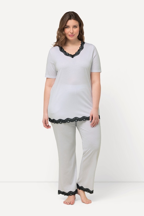 Pyjama, Punkte, Spitze, V-Ausschnitt, Halbarm